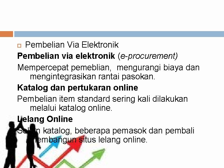 Pembelian Via Elektronik Pembelian via elektronik (e-procurement) Mempercepat pemeblian, mengurangi biaya dan mengintegrasikan rantai