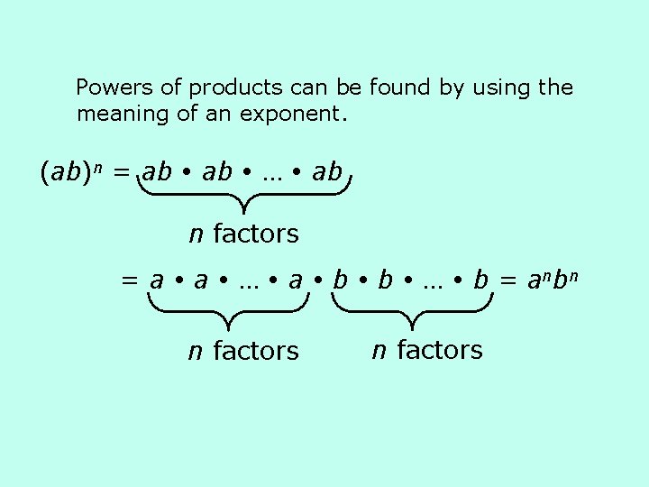 Powers of products can be found by using the meaning of an exponent. (ab)n