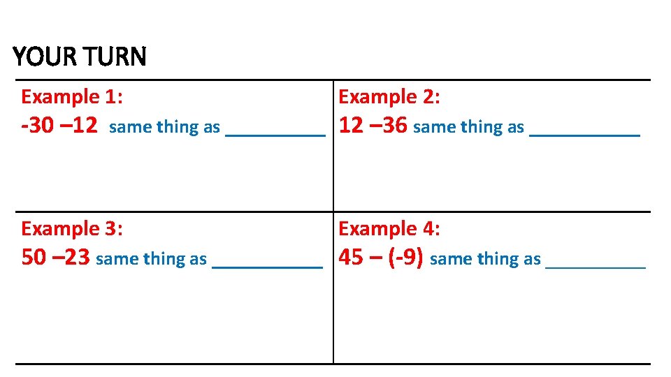 YOUR TURN Example 1: -30 – 12 same thing as _____ Example 3: Example