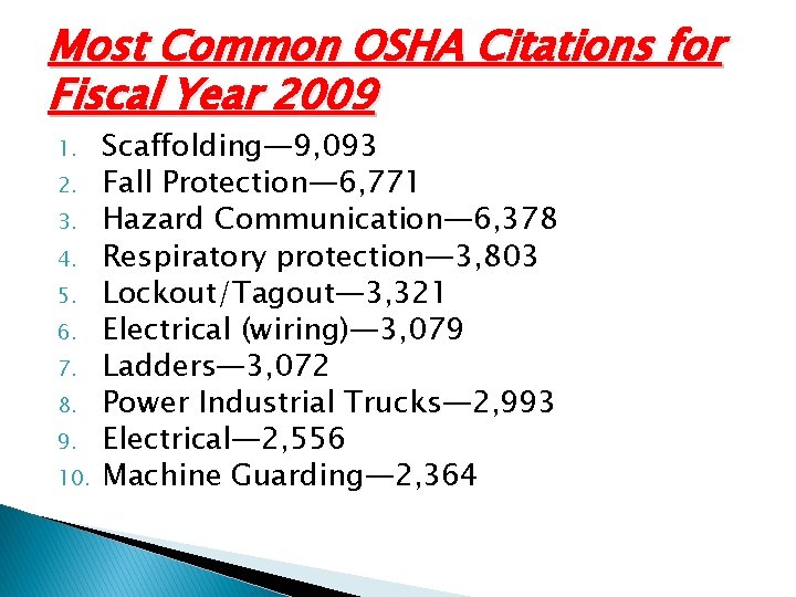 Most Common OSHA Citations for Fiscal Year 2009 1. 2. 3. 4. 5. 6.