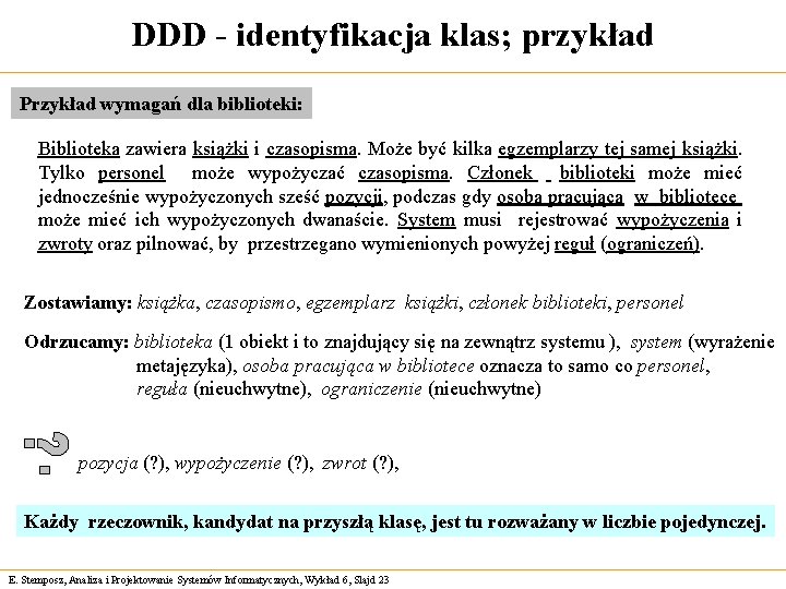 DDD - identyfikacja klas; przykład Przykład wymagań dla biblioteki: Biblioteka zawiera książki i czasopisma.