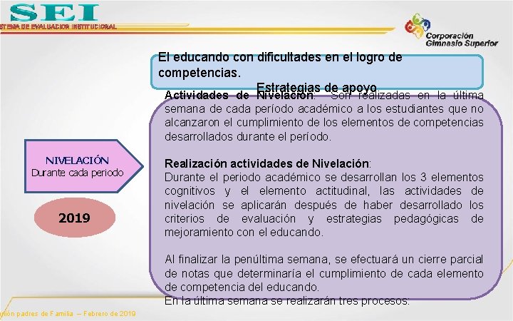 STEMA DE EVALUACION INSTITUCIONAL El educando con dificultades en el logro de competencias. Estrategias