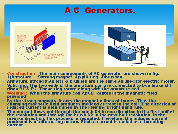 A C Generators. Construction : The main components of AC generator are shown in