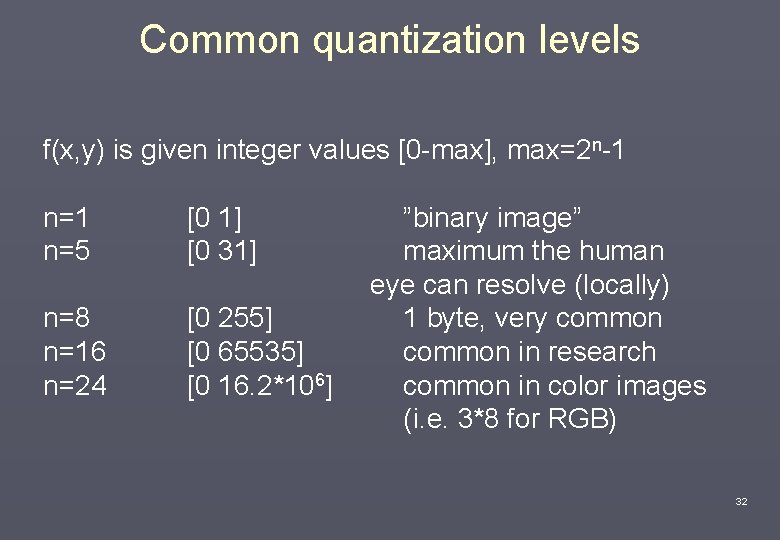 Common quantization levels f(x, y) is given integer values [0 -max], max=2 n-1 n=5