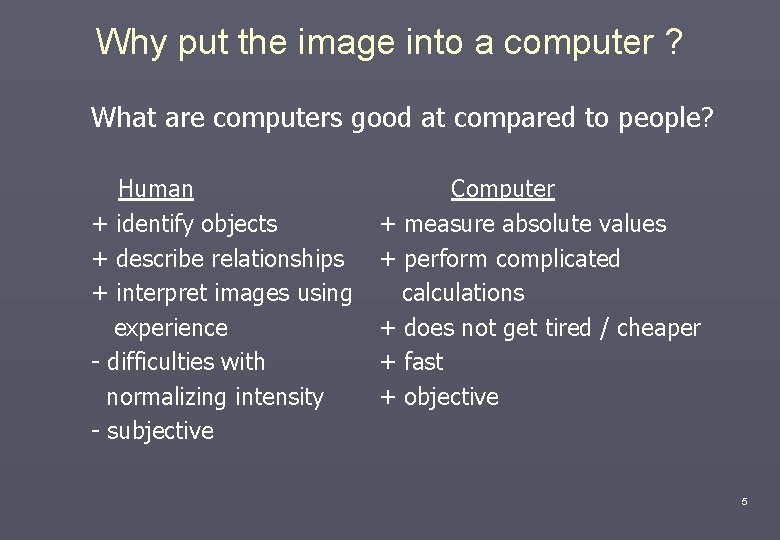 Why put the image into a computer ? What are computers good at compared