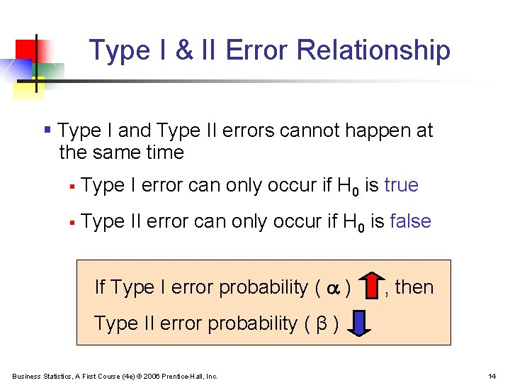 Type I & II Error Relationship § Type I and Type II errors cannot