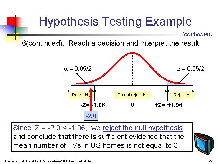 Hypothesis Testing Example (continued) 6(continued). Reach a decision and interpret the result = 0.
