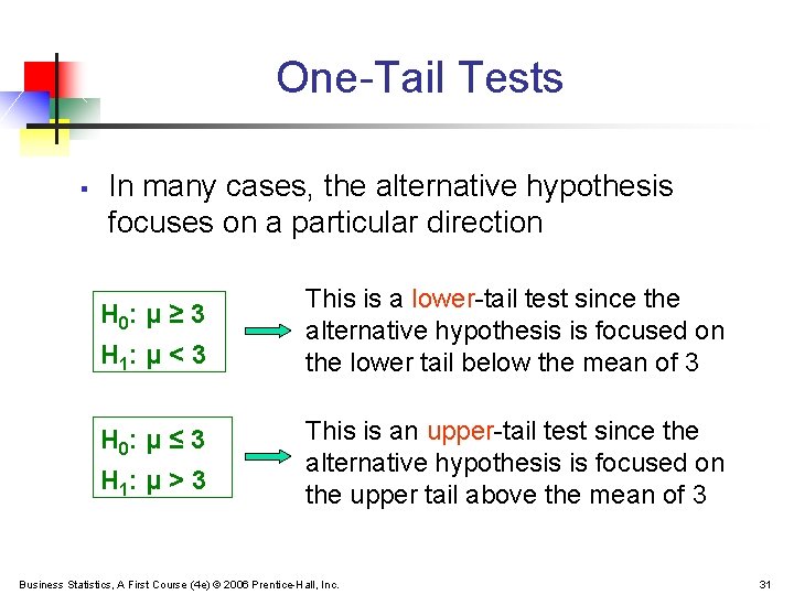 One-Tail Tests § In many cases, the alternative hypothesis focuses on a particular direction
