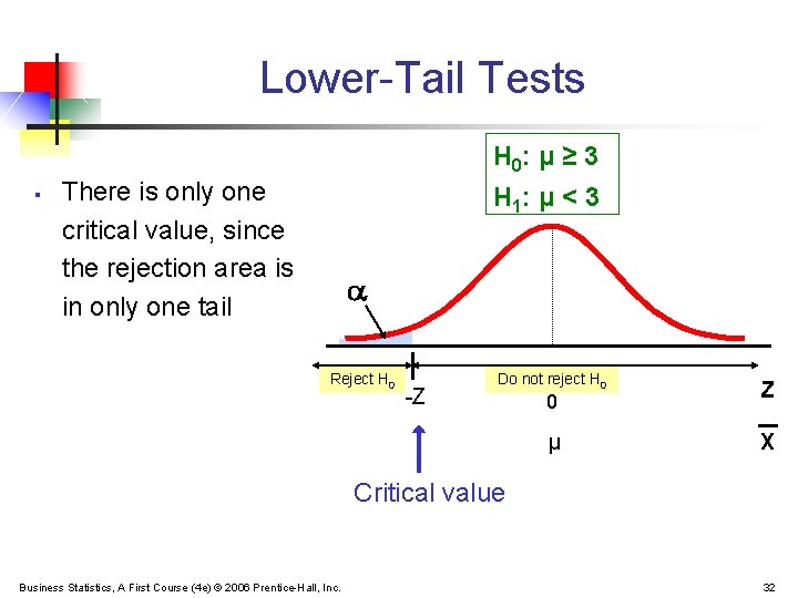 Lower-Tail Tests H 0: μ ≥ 3 § There is only one critical value,