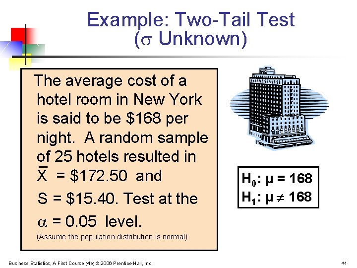 Example: Two-Tail Test ( Unknown) The average cost of a hotel room in New