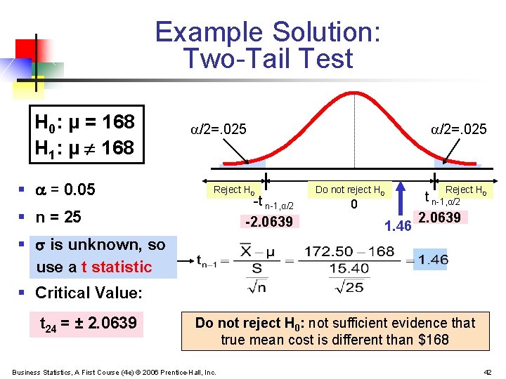 Example Solution: Two-Tail Test H 0: μ = 168 H 1: μ ¹ 168