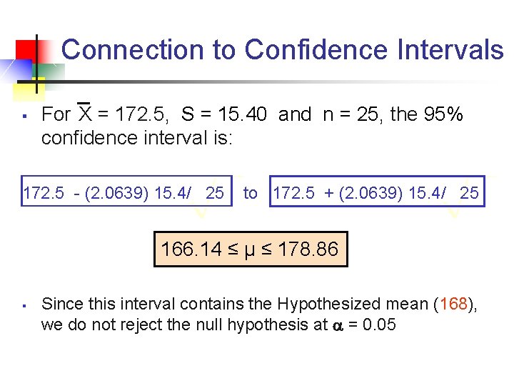 Connection to Confidence Intervals § For X = 172. 5, S = 15. 40