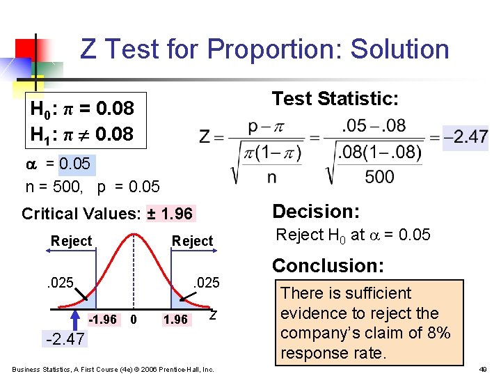 Z Test for Proportion: Solution Test Statistic: H 0: π = 0. 08 H