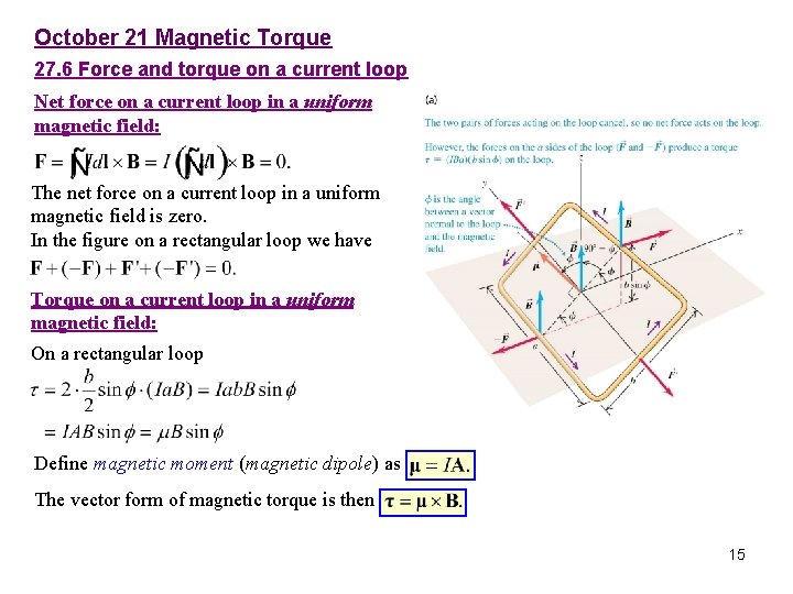 October 21 Magnetic Torque 27. 6 Force and torque on a current loop Net