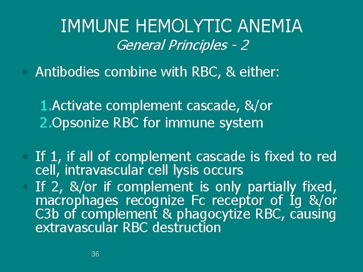 IMMUNE HEMOLYTIC ANEMIA General Principles - 2 • Antibodies combine with RBC, & either: