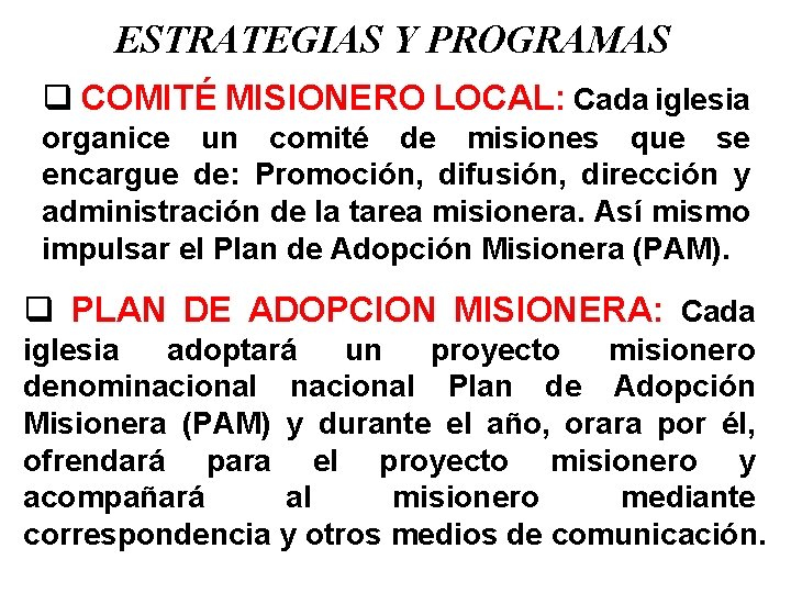 ESTRATEGIAS Y PROGRAMAS q COMITÉ MISIONERO LOCAL: Cada iglesia organice un comité de misiones
