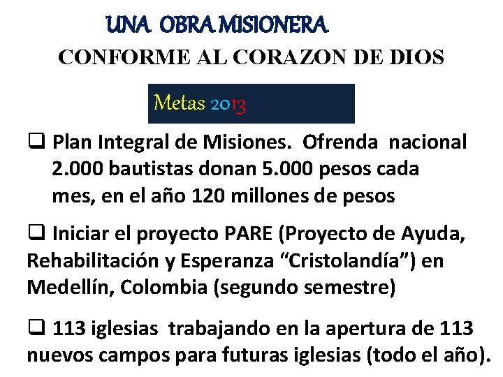UNA OBRA MISIONERA CONFORME AL CORAZON DE DIOS Metas 2013 q Plan Integral de