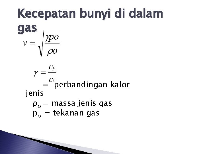 Kecepatan bunyi di dalam gas = perbandingan kalor jenis ρo = massa jenis gas