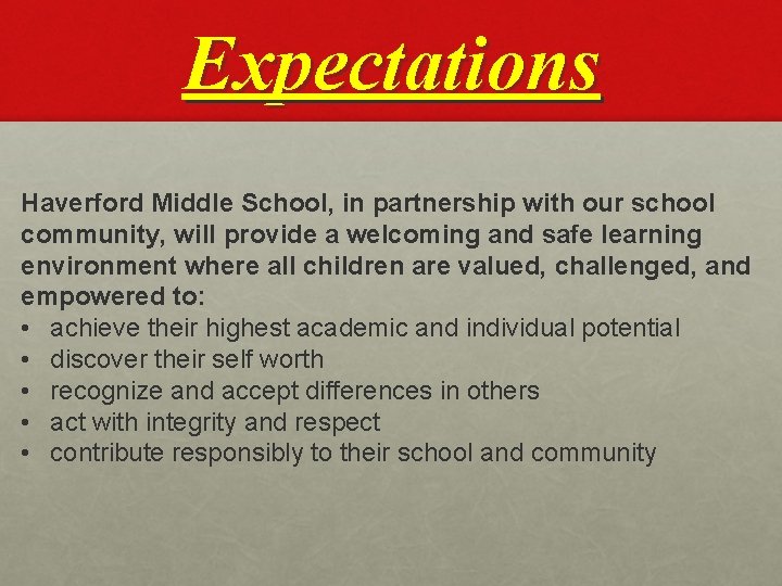 Expectations Haverford Middle School, in partnership with our school community, will provide a welcoming
