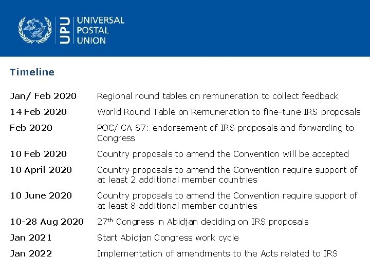Timeline Jan/ Feb 2020 Regional round tables on remuneration to collect feedback 14 Feb