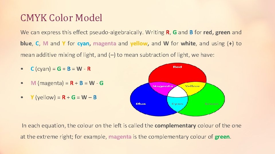 CMYK Color Model We can express this effect pseudo-algebraically. Writing R, G and B CMYK Color Model We can express this effect pseudo-algebraically. Writing R, G and B