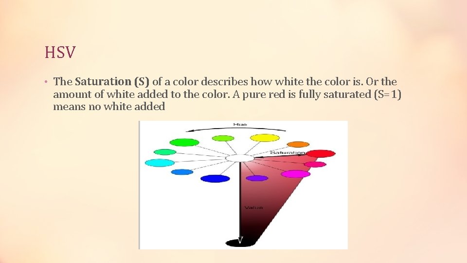 HSV • The Saturation (S) of a color describes how white the color is. HSV • The Saturation (S) of a color describes how white the color is.