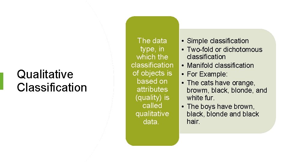 Qualitative Classification The data type, in which the classification of objects is based on