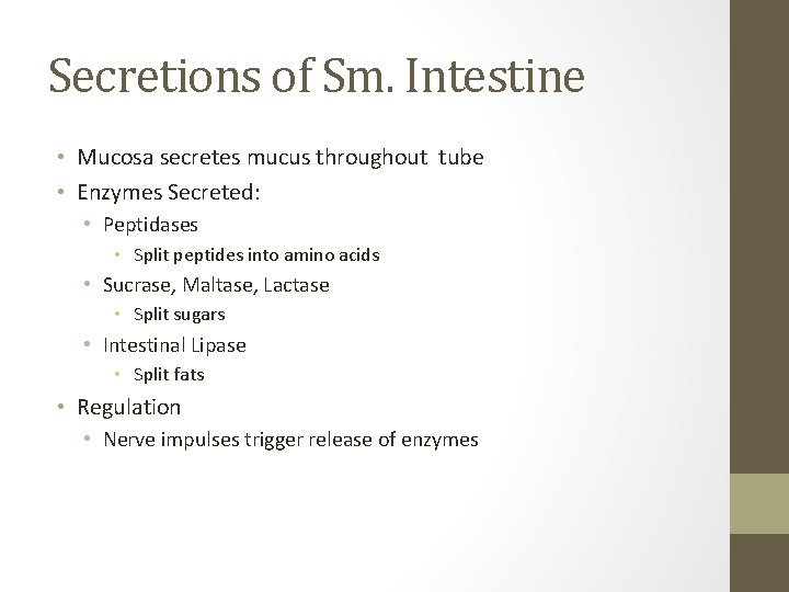 Secretions of Sm. Intestine • Mucosa secretes mucus throughout tube • Enzymes Secreted: •