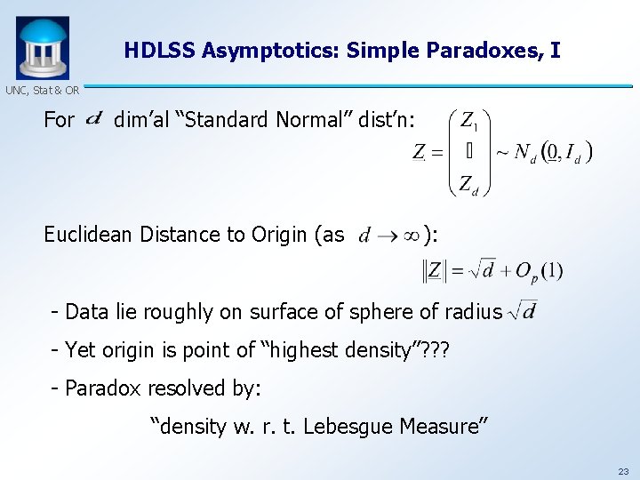 HDLSS Asymptotics: Simple Paradoxes, I UNC, Stat & OR For dim’al “Standard Normal” dist’n: