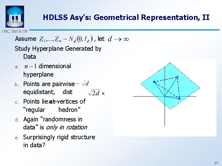 HDLSS Asy’s: Geometrical Representation, II UNC, Stat & OR Assume , let Study Hyperplane