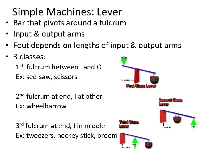  • • Simple Machines: Lever Bar that pivots around a fulcrum Input &