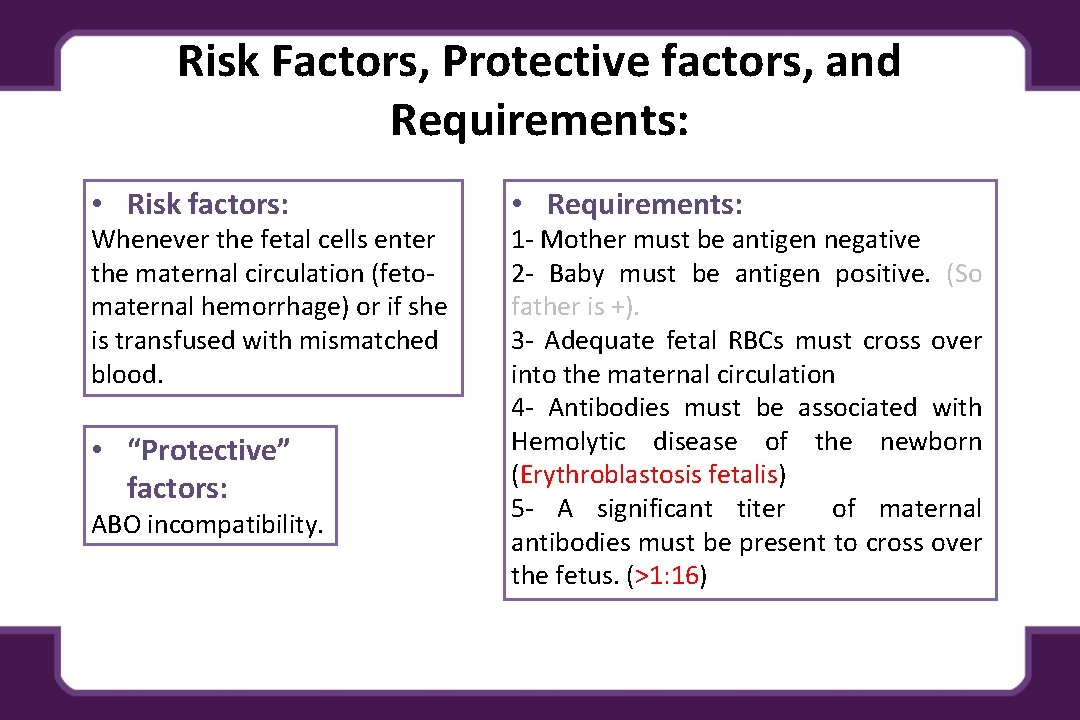 Risk Factors, Protective factors, and Requirements: • Risk factors: Whenever the fetal cells enter