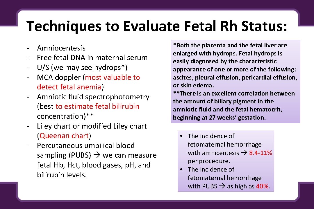 Techniques to Evaluate Fetal Rh Status: - Amniocentesis Free fetal DNA in maternal serum Techniques to Evaluate Fetal Rh Status: - Amniocentesis Free fetal DNA in maternal serum