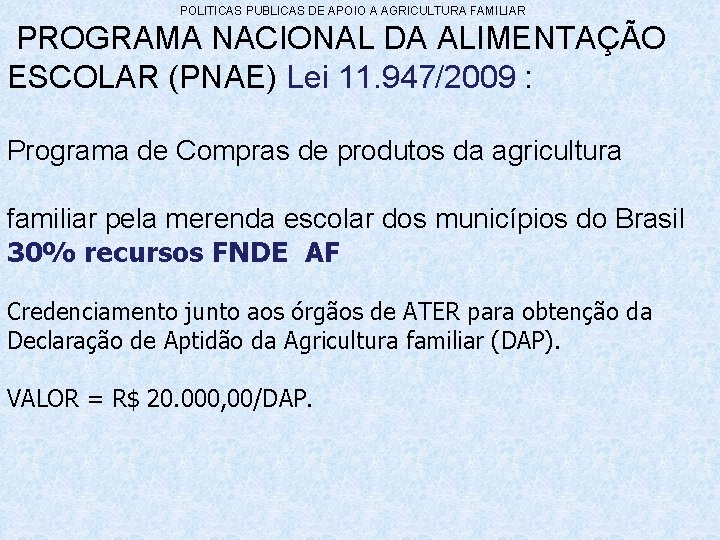 POLITICAS PUBLICAS DE APOIO A AGRICULTURA FAMILIAR PROGRAMA NACIONAL DA ALIMENTAÇÃO ESCOLAR (PNAE) Lei