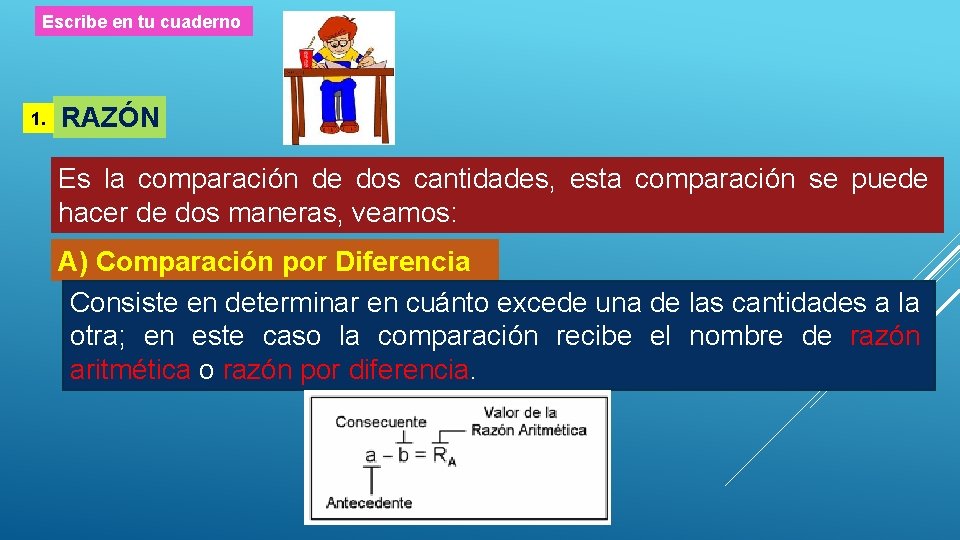 Escribe en tu cuaderno 1. RAZÓN Es la comparación de dos cantidades, esta comparación