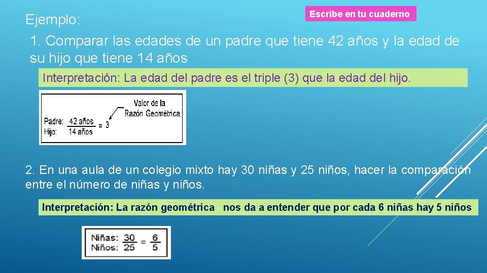 Ejemplo: Escribe en tu cuaderno 1. Comparar las edades de un padre que tiene