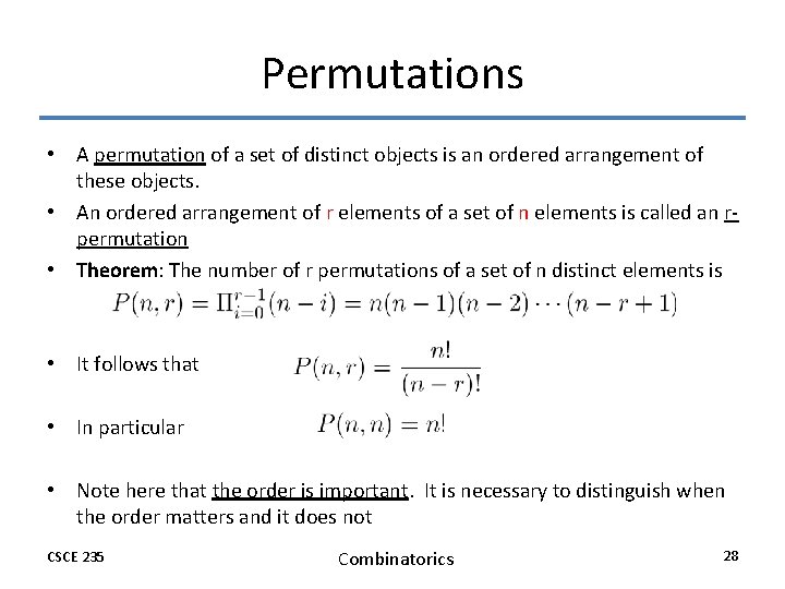 Permutations • A permutation of a set of distinct objects is an ordered arrangement Permutations • A permutation of a set of distinct objects is an ordered arrangement