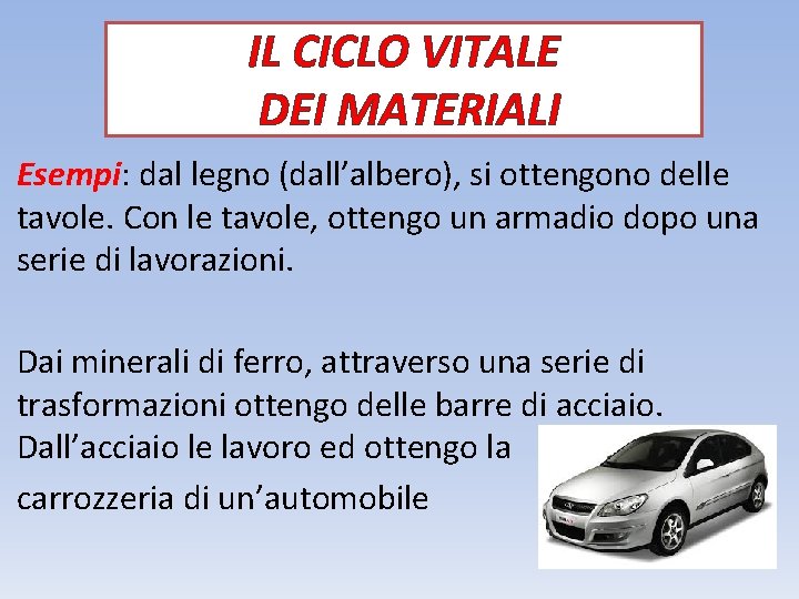 IL CICLO VITALE DEI MATERIALI Esempi: dal legno (dall’albero), si ottengono delle tavole. Con