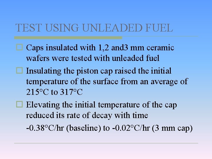TEST USING UNLEADED FUEL o Caps insulated with 1, 2 and 3 mm ceramic
