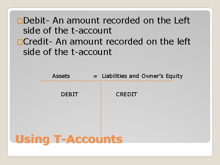 �Debit- An amount recorded on the Left side of the t-account �Credit- An amount