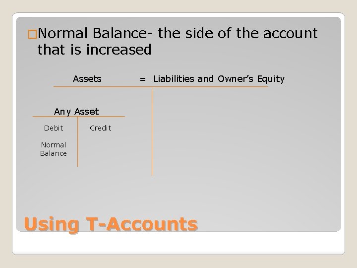 �Normal Balance- the side of the account that is increased Assets = Liabilities and