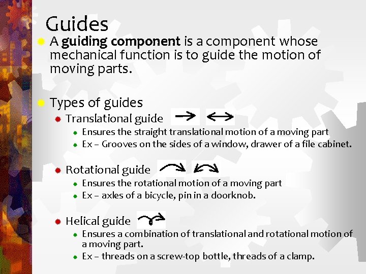 Guides ® A guiding component is a component whose mechanical function is to guide