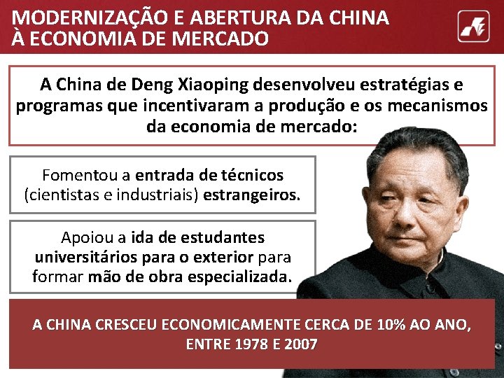 MODERNIZAÇÃO E ABERTURA DA CHINA À ECONOMIA DE MERCADO A China de Deng Xiaoping