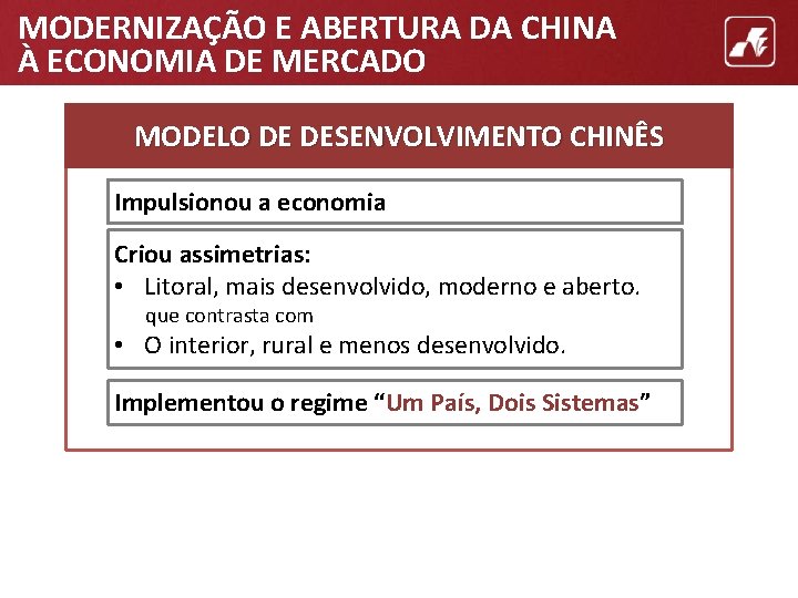 MODERNIZAÇÃO E ABERTURA DA CHINA À ECONOMIA DE MERCADO MODELO DE DESENVOLVIMENTO CHINÊS Impulsionou