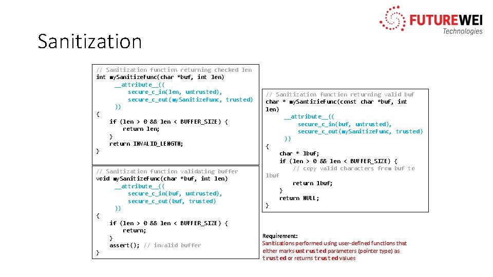 Sanitization // Sanitization function returning checked len int my. Sanitize. Func(char *buf, int len)