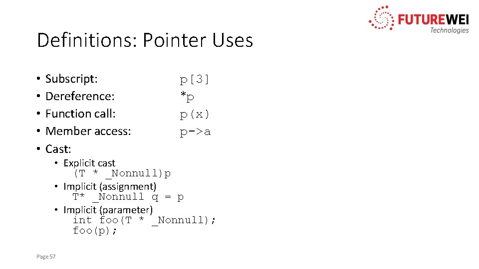 Definitions: Pointer Uses • • • Subscript: Dereference: Function call: Member access: Cast: p[3]