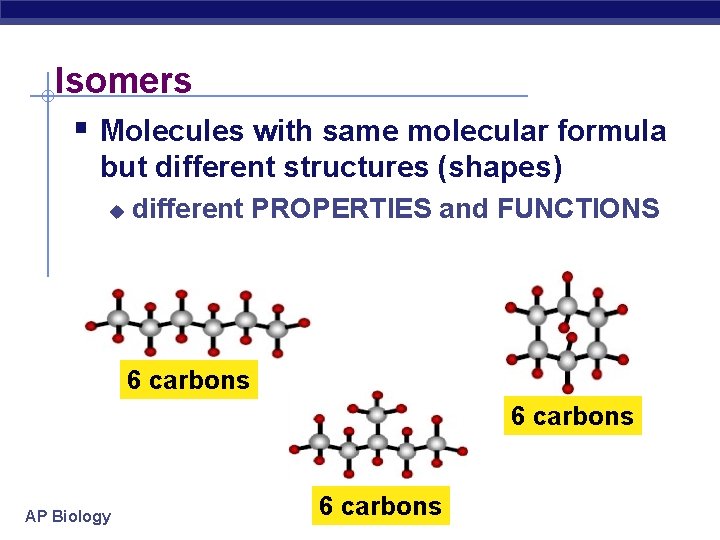Isomers § Molecules with same molecular formula but different structures (shapes) u different PROPERTIES