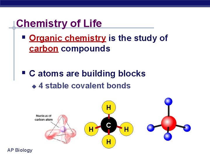 Chemistry of Life § Organic chemistry is the study of carbon compounds § C