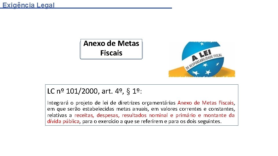 Exigência Legal Anexo de Metas Fiscais LC nº 101/2000, art. 4º, § 1º: Integrará