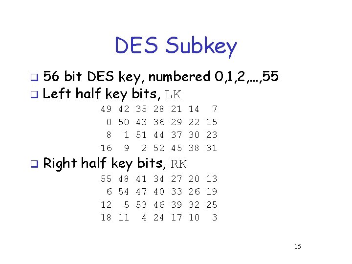 DES Subkey 56 bit DES key, numbered 0, 1, 2, …, 55 q Left DES Subkey 56 bit DES key, numbered 0, 1, 2, …, 55 q Left